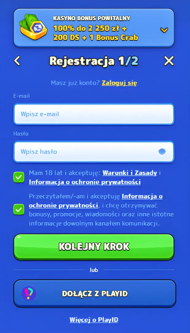 Rejestracja w serwisie Pistolo